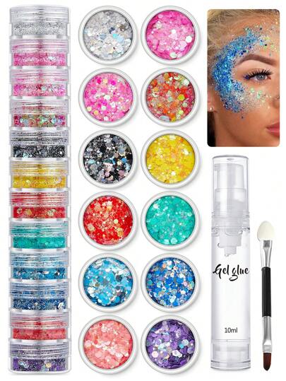Set de 3 piezas (12 colores de brillo suelto + 1 botella de gel + 1 pincel) de gel de brillo corporal para mujeres. Gel de brillo 3D de secado rápido, duradero, ultrafino y con lentejuelas holográficas PET mixtas de color de sirenita para cara, cabello, labios y ojos. Amigable con la piel, no graso y fácil de limpiar. Accesorios de maquillaje de lentejuelas de colores múltiples holográfico láser iridiscente camaleón. Ideal para festivales, carnaval, música, fiestas, salón familiar, regalos y accesorios de bricolaje.