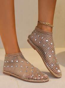 Women's Plus Size Hollow Breathable Silver Crystal Square Diamond Luxurious Fishnet Glitter Punk Elegant Party Non-Slip Round Toe Flat Sandals - Golden Flat Brick - View 5