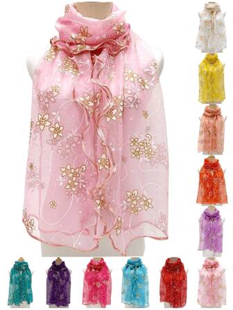 一條網眼雪紡迷你花卉刺繡女士圍巾，輕盈透氣，柔軟親膚，適合日常穿著和旅行。頭巾、髮箍、頭帶，是裝扮妝容的理想選擇