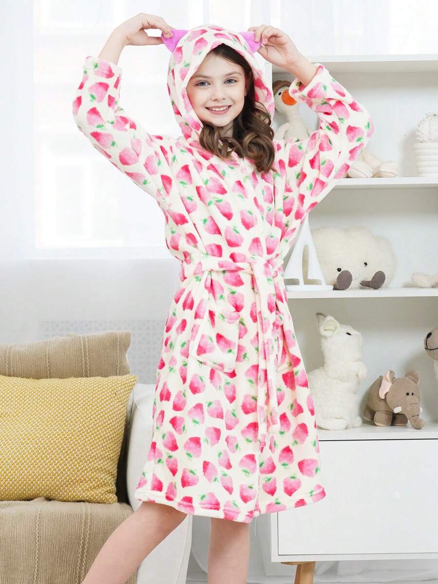 Bata de baño con capucha de manga larga con diseño de fresas y orejas de gato adorables para niña preadolescente - Multicolor - Ver 1