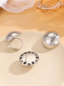1套時尚女性光澤幾何圓形開口戒指和耳環 - 銀色 - 查看 5