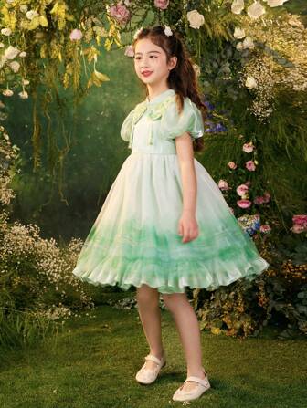 Dimu Vestido de princesa Cheongsam con estilo chino nuevo para niña preadolescente, faldas con mangas de burbuja para el verano de 2024