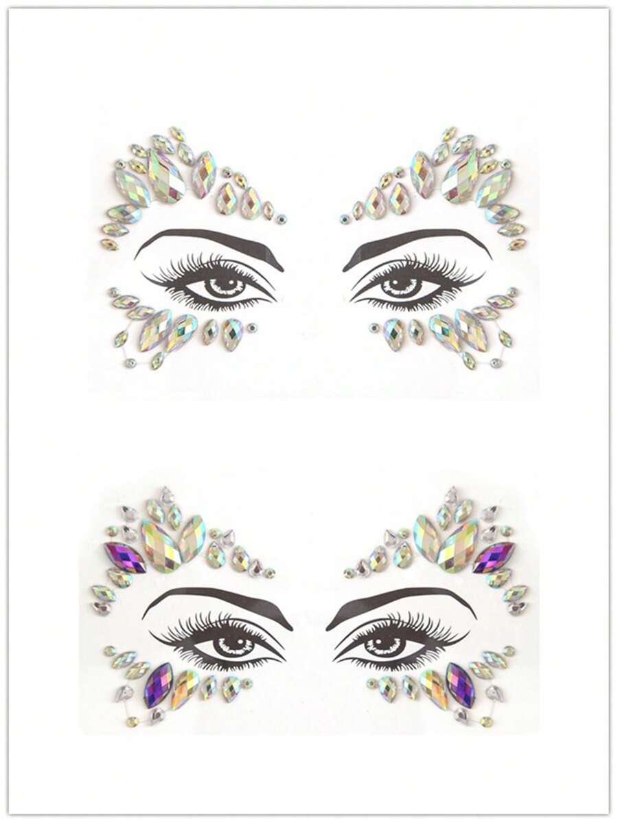 Party Joy 2 件/包 節日 3d 鑽石臉部貼紙,仿寶石 Diy 面膜,眼睛和臉部派對裝飾,音樂節表演,派對配件 - 彩色 - 查看 1