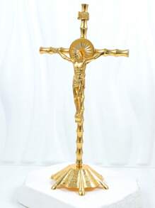 1pc Vintage Religious Jesus Cross Bamboo Frame Metal Decor, Desktop Ornament - Alloy Jewelry Ornaments - View 4