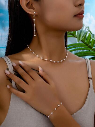 1 Set 2025 Valentine's Day Faux Pearl Earrings, Bracelet, Necklace Set, Bohemian Style, Minimalist Jewelry, Gift For Mother's Day, Suitable For Daily Wear, Parties,Mom,Mother,Mother's Day,Gift