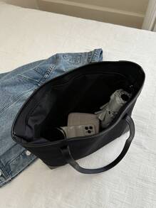 1 件纯色便携式 PU 旅行手提包，大容量，拉链开合，时尚简约单肩包，适合女性日常使用，轻便、便携、大容量、商务休闲，适合少女、女大学生，非常适合返校、大学、中学、高中、工作、商务、通勤 - 黑色 - 查看 6