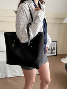 1 件纯色便携式 PU 旅行手提包，大容量，拉链开合，时尚简约单肩包，适合女性日常使用，轻便、便携、大容量、商务休闲，适合少女、女大学生，非常适合返校、大学、中学、高中、工作、商务、通勤 - 黑色 - 查看 7