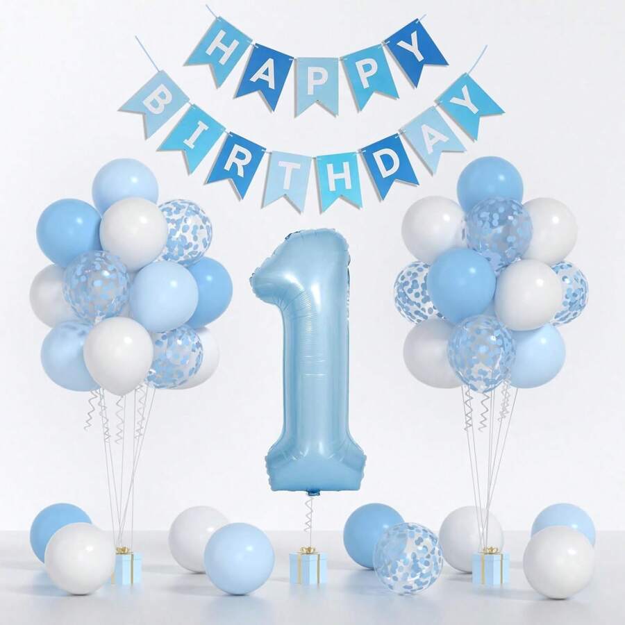 35Pcs Baby Blue White Balloon And 40inch 1 Balloon, First Birthday Decorations For Boy With Blue White Confetti Balloon, Happy Birthday Banner Large 1 Balloon For Baby Boys Birthday Party Decorations, Christmas
