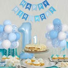 35Pcs Baby Blue White Balloon And 40inch 1 Balloon, First Birthday Decorations For Boy With Blue White Confetti Balloon, Happy Birthday Banner Large 1 Balloon For Baby Boys Birthday Party Decorations, Christmas