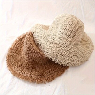 1pc Women Korean Style Wide Brim Straw Hat With Breathable Edging For Summer Sun Protection And Beach Fishing