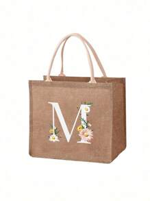 1 pieza Bolso de lona con estampado de letra de girasol y margarita, bolso de compras/bolso/bolso de la compra de moda de lino para mujeres, bolso portátil para maestros, bolso de compras/almuerzo ideal, gran regalo para mujeres, madres, maestros, amigos, damas de honor, amantes, estudiantes, adecuado para citas, cumpleaños, vacaciones, vuelta al colegio, vacaciones, playa, viajes, negocios, estudiantes, picnics, campamentos, supermercado, uso diario - Caqui - Ver 36