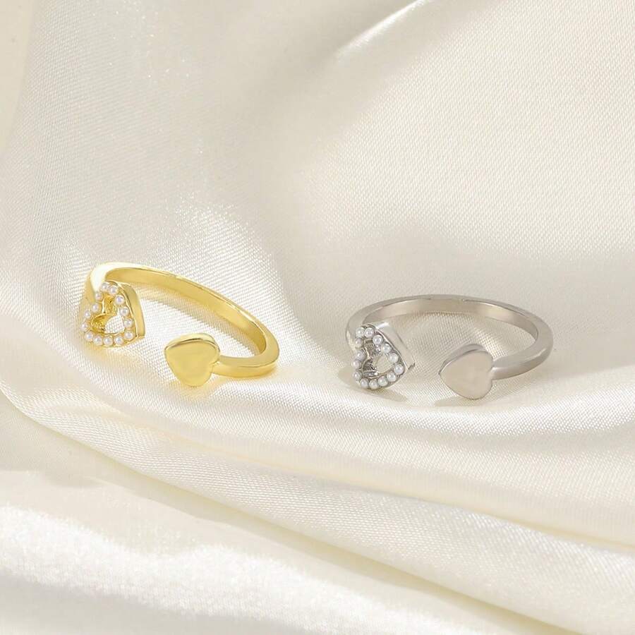 1 件双心开口戒指，韩版时尚，仿珍珠镶嵌，开口食指戒指，双心戒指 - 愛心珍珠款 - 查看 1