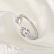 1 件双心开口戒指，韩版时尚，仿珍珠镶嵌，开口食指戒指，双心戒指 - 愛心珍珠款 - 查看 4