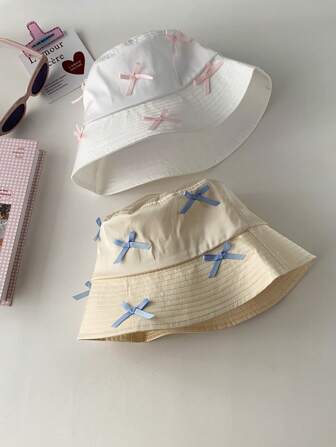 1 件蝴蝶结刺绣牛仔渔夫帽，女士春夏纯色百搭遮阳渔夫帽，休闲褶边帽檐户外防紫外线牛仔渔夫帽，小号