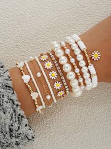 Pack Of 10 Lovely Daisy & Faux Pearl Beaded Bracelets For Women, Ideal For Date And Party Gift