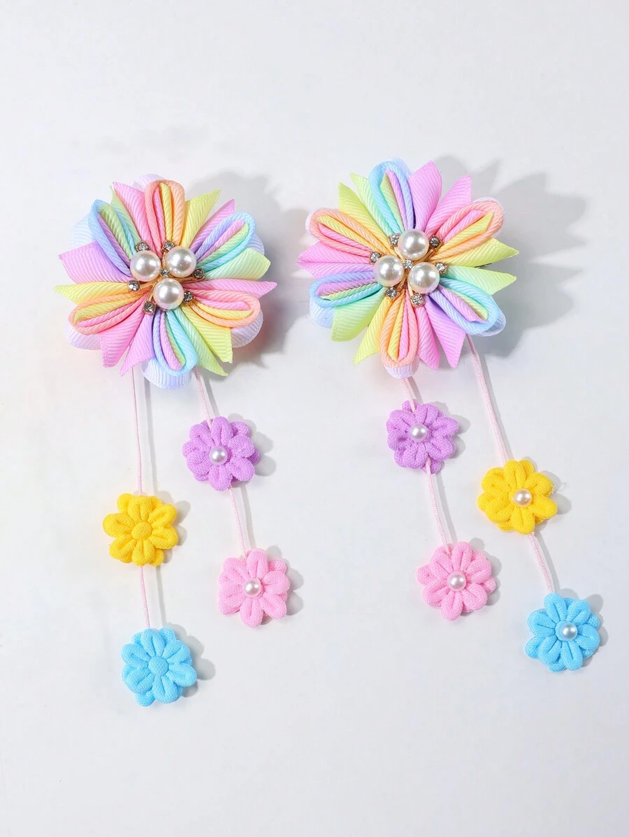 2入組彩虹花卉髮夾女孩兒童髮飾 - 彩色 - 查看 1