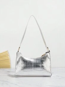 Fashionable PU Embroidery Thread Shoulder Bag - Silver - View 2