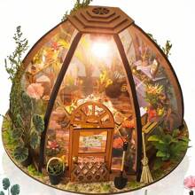 Kit de casa de juguete para invernadero en miniatura para armar  mismo con LED: Rompecabezas 3D creativo y artesanía de muebles - Regalo de cumpleaños único - Marrón - Ver 1