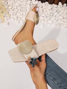2024 New Style Square-Toe Flat Dual-Color Splicing Round Line Decorated Denim Sandals - White - View 4
