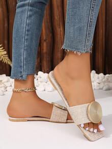 2024 New Style Square-Toe Flat Dual-Color Splicing Round Line Decorated Denim Sandals - White - View 7