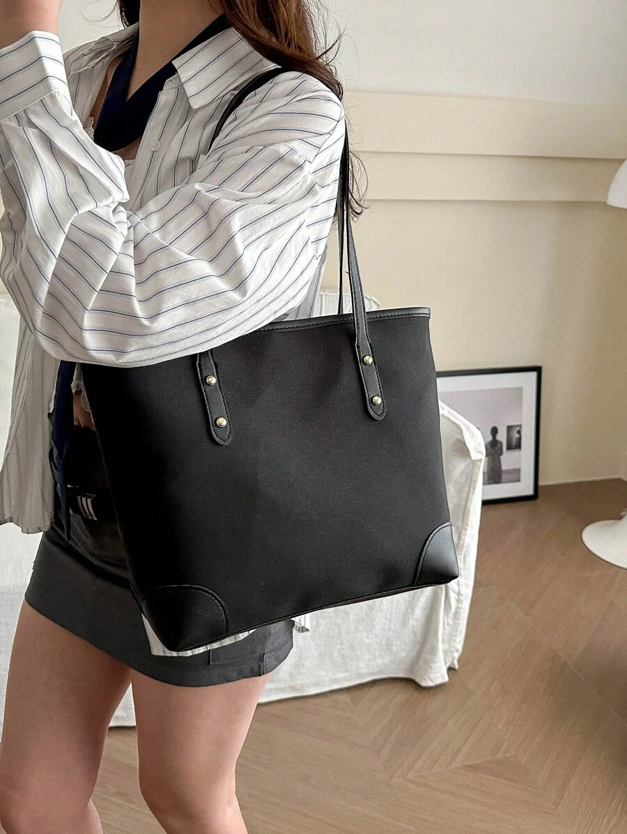 1 件纯色便携式 PU 旅行手提包，大容量，拉链开合，时尚简约单肩包，适合女性日常使用，轻便、便携、大容量、商务休闲，适合少女、女大学生，非常适合返校、大学、中学、高中、工作、商务、通勤 - 黑色 - 查看 1