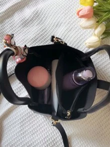 2 Pieces Spring New Stylish PU Leather Handbag Set Including A Medium Bag, Suitable For Women And Girls To Use As Fashionable And Minimalist Commuting Shoulder Bag With Scarf Decoration, Business Casual Women Bag, Perfect For Office, Business And Work, Eye-Catching Work Bags For Women, Business Casual Woman Bag Perfect For Office Business And Work - Black - View 11