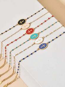 时尚百搭 18K 金不锈钢手链，彩色串珠波西米亚风格宗教吊坠手链，保色，珠子数量随机