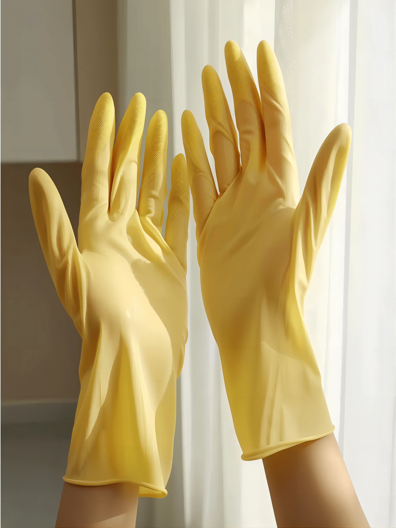 1對32cm橡膠清洗手套，廚房洗碗、防水和可重複使用 - 黃色 - 查看 1