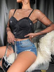 Rhinestone Mesh Choker, Mesh Crystal Embellished Round Neck, Party Accessory - Black - View 5