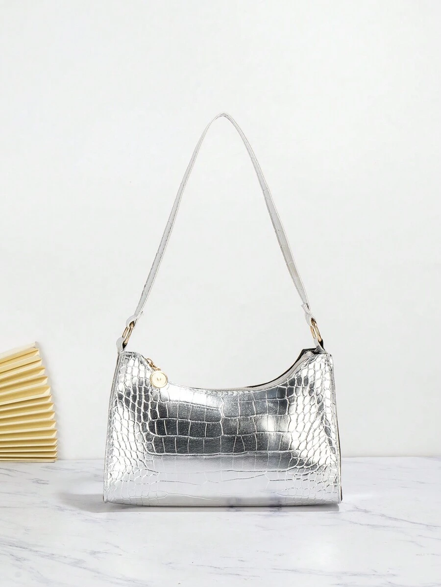 Fashionable PU Embroidery Thread Shoulder Bag - Silver - View 1