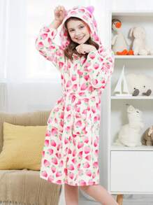 Bata de baño con capucha de manga larga con diseño de fresas y orejas de gato adorables para niña preadolescente - Multicolor - Ver 3