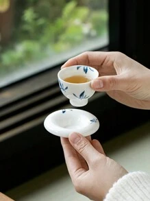 1pc Ceramic Tea Cup & Saucer Set, Mini Hand-Painted Butterfly Orchid Teacup With Coaster, Kungfu Tea Set, Single Cup Gift
