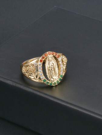 1pc ORO Laminado  Tricolor Stone Rings,Golden Plated Mexico Jewelry For Women