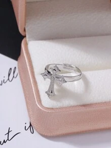 1pc Original  Faith Cross-Shaped Ring With Metal Inlay And Rhinestone Opening Design