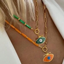 manbara 可調節厚實鏈條夏日彩色貝殼珠古董多層吊墜邪惡之眼項鍊女性月亮星星魅力貼頸項鍊波西米亞時尚珠寶禮物 - 愛心項鍊 - 查看 3
