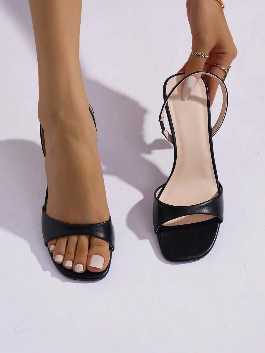 Simple Fashion Women\ Mid-Heel Square Toe Sandals With Ankle Strap - Black - View 1