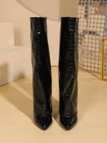 OMS 欧美时尚性感个性秋冬女鞋 - 黑色高筒一脚蹬系带粗跟尖头过膝靴，切尔西机车靴配石纹拉链