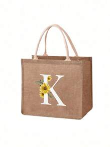 1 pieza Bolso de lona con estampado de letra de girasol y margarita, bolso de compras/bolso/bolso de la compra de moda de lino para mujeres, bolso portátil para maestros, bolso de compras/almuerzo ideal, gran regalo para mujeres, madres, maestros, amigos, damas de honor, amantes, estudiantes, adecuado para citas, cumpleaños, vacaciones, vuelta al colegio, vacaciones, playa, viajes, negocios, estudiantes, picnics, campamentos, supermercado, uso diario - Caqui - Ver 17