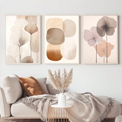 Conjunto de 3 piezas de arte de pared minimalista sin marco con pintura de estilo japonés y flores para decoración moderna del hogar, arte de pared de moda en tonos neutros suaves estilo Wabi-Sabi Ali con patrón geométrico abstracto, decoración de pared de estilo bohemio y pintura abstracta calmante