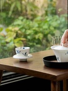 1pc Ceramic Tea Cup & Saucer Set, Mini Hand-Painted Butterfly Orchid Teacup With Coaster, Kungfu Tea Set, Single Cup Gift