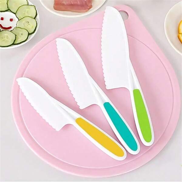 3-Piece Kids' Kitchen Knife Set: Perfectly Safe Serrated Edges For Cutting Cakes, Fruits, And Veggies - Unleash Your Toddler's Inner Chef! For Restaurants