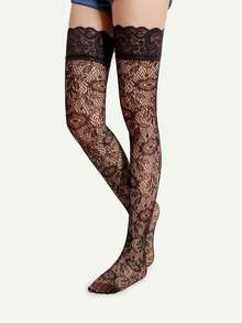 1 par de medias altas súper delgadas de red jacquard con estampado floral para mujeres