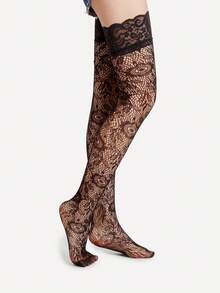 1 par de medias altas súper delgadas de red jacquard con estampado floral para mujeres