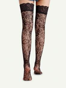 1 par de medias altas súper delgadas de red jacquard con estampado floral para mujeres