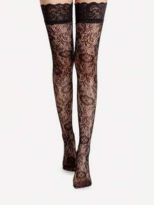 1 par de medias altas súper delgadas de red jacquard con estampado floral para mujeres