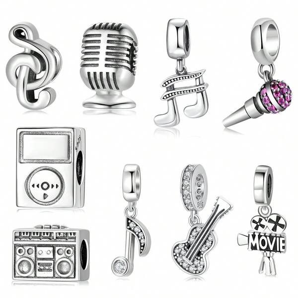 MAGIC CHARMS 1pc S925 Sterling Silver Musical Note, Microphone, Guitar & Tape Recorder Pendant CHARM DIY Jewelry Accessories For Women Original Bracelets And Necklaces Exquisite Accessories Festival Gift