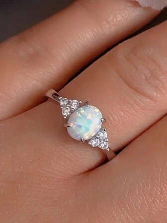 1入組華麗的波霸鍍銀戒指蛋白石許諾戒指-閃閃發光的水晶和彩色燈光戒指，適用於女孩