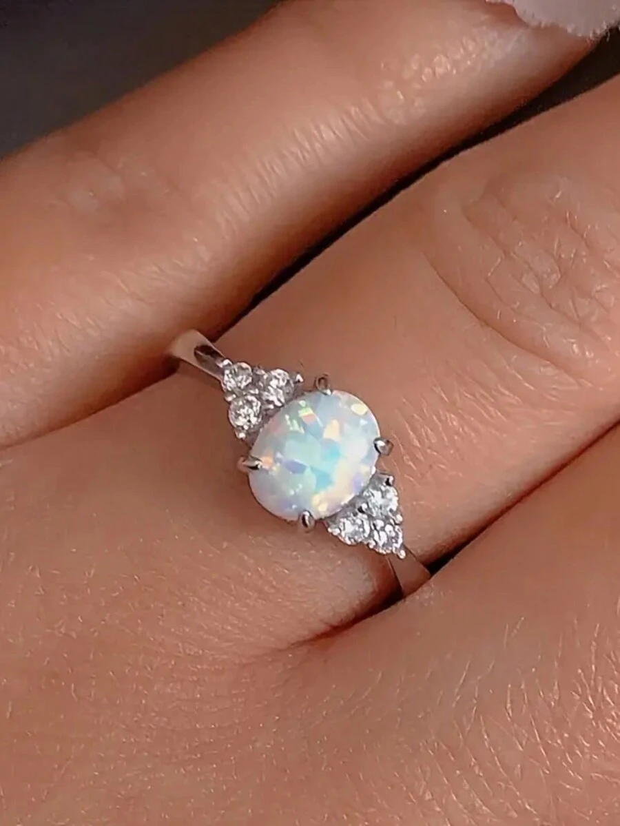 1入組華麗的波霸鍍銀戒指蛋白石許諾戒指-閃閃發光的水晶和彩色燈光戒指，適用於女孩