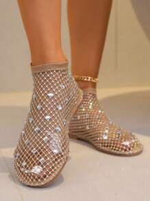 Women's Plus Size Hollow Breathable Silver Crystal Square Diamond Luxurious Fishnet Glitter Punk Elegant Party Non-Slip Round Toe Flat Sandals - Golden Flat Brick - View 4