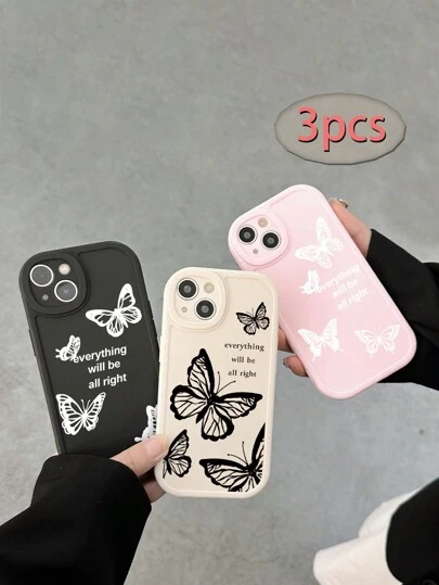 3 قطع مجموعة حافظة هاتف ناعمة بطبعة فراشة فاخرة وإبداعية، متوافقة مع هواتف آيفون وجالاكسي